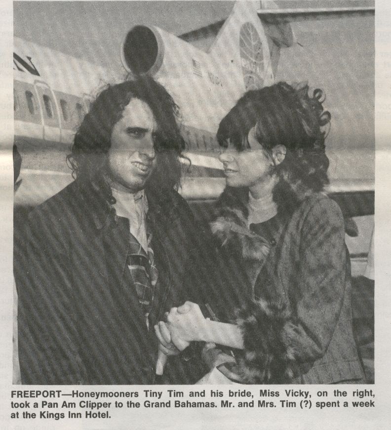 1970, January, Performer Tiny Tim and his wife Miss Vicky depart Freeport in the Bahamas via Pan Am.